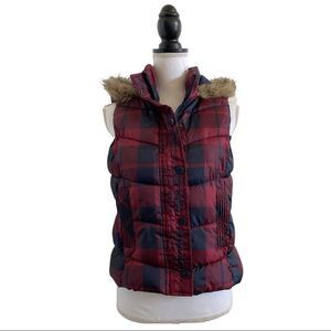 Arizona Jean Co. Buffalo Plaid Faux Fur Hooded Puffer Vest Blue & Red Sz Medium